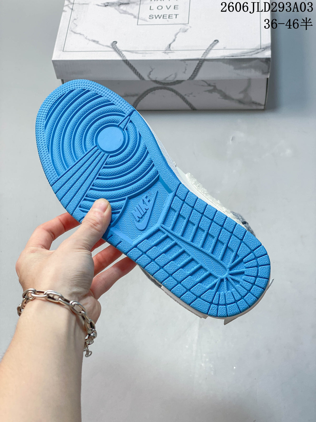 Bright blue outsole with molded tread pattern