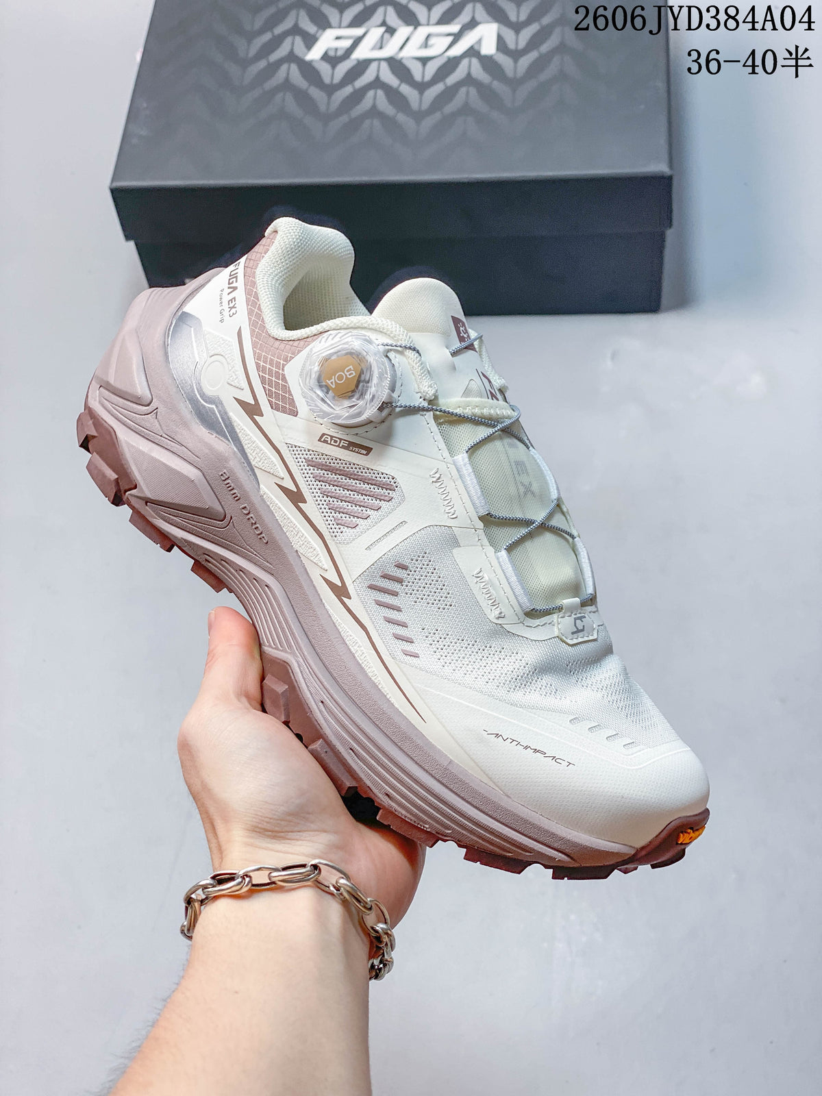 Angled side view of a Kailas FUGA EX3 BOA hiking shoe in off-white and muted rose