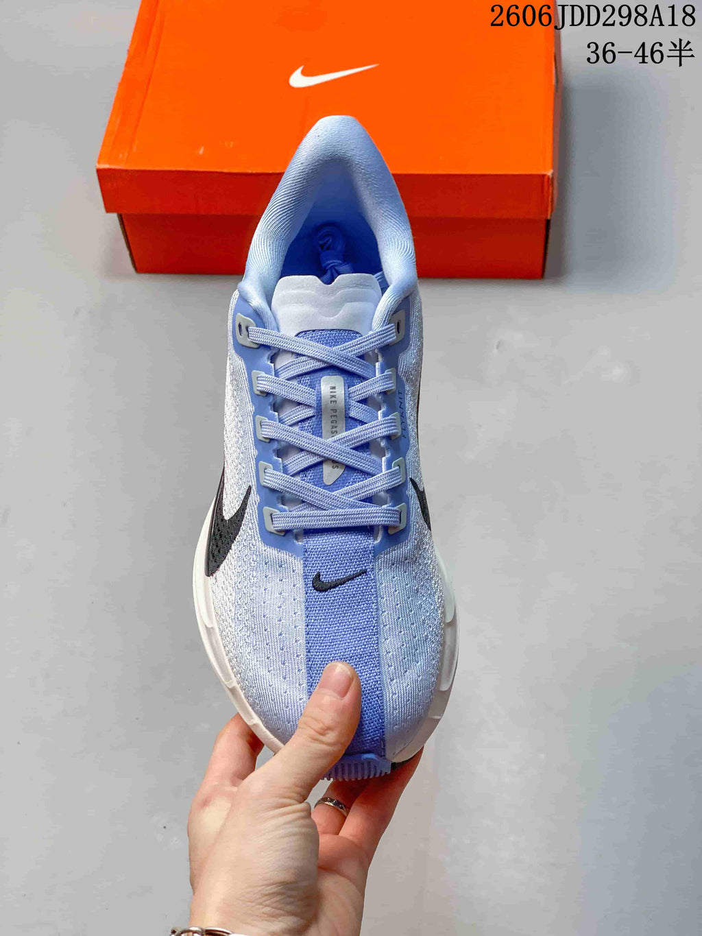 Top view showing the lace-up closure and blue center panel