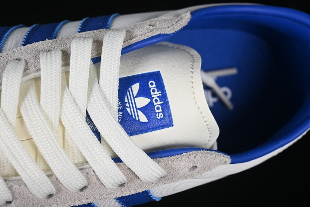 Close-up of white laces, tongue label and blue lining