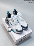 Pair of white Nike Air Max 270 sneakers with turquoise and dark gray accents, shown from above