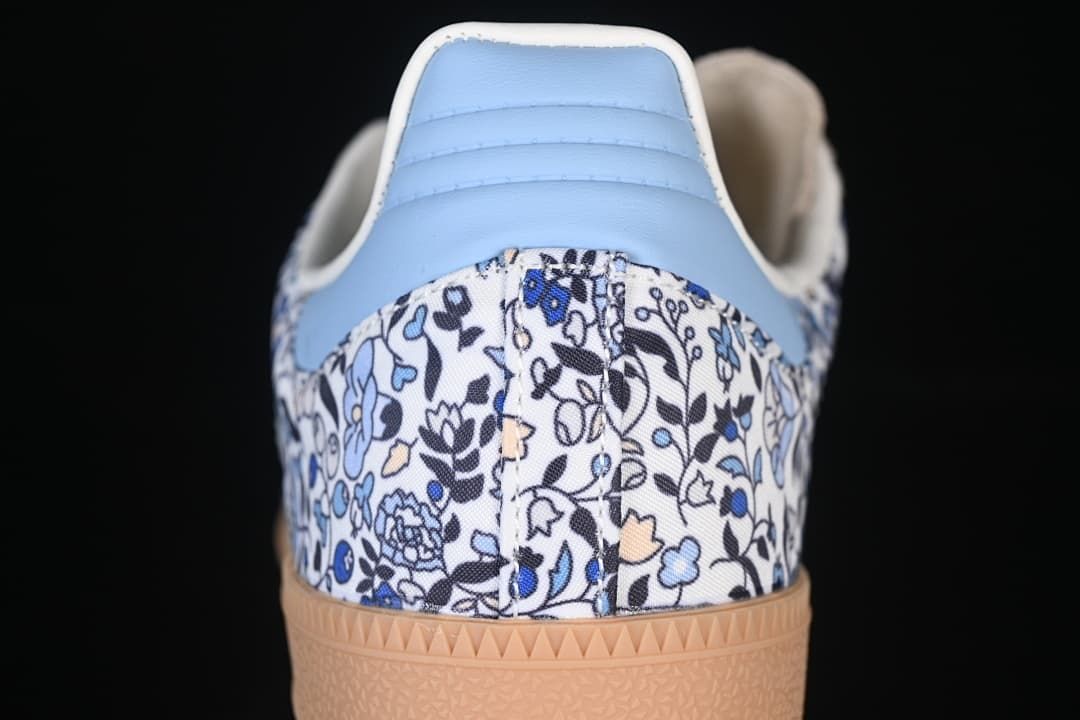 Rear view showing the floral-print heel and light blue heel detail