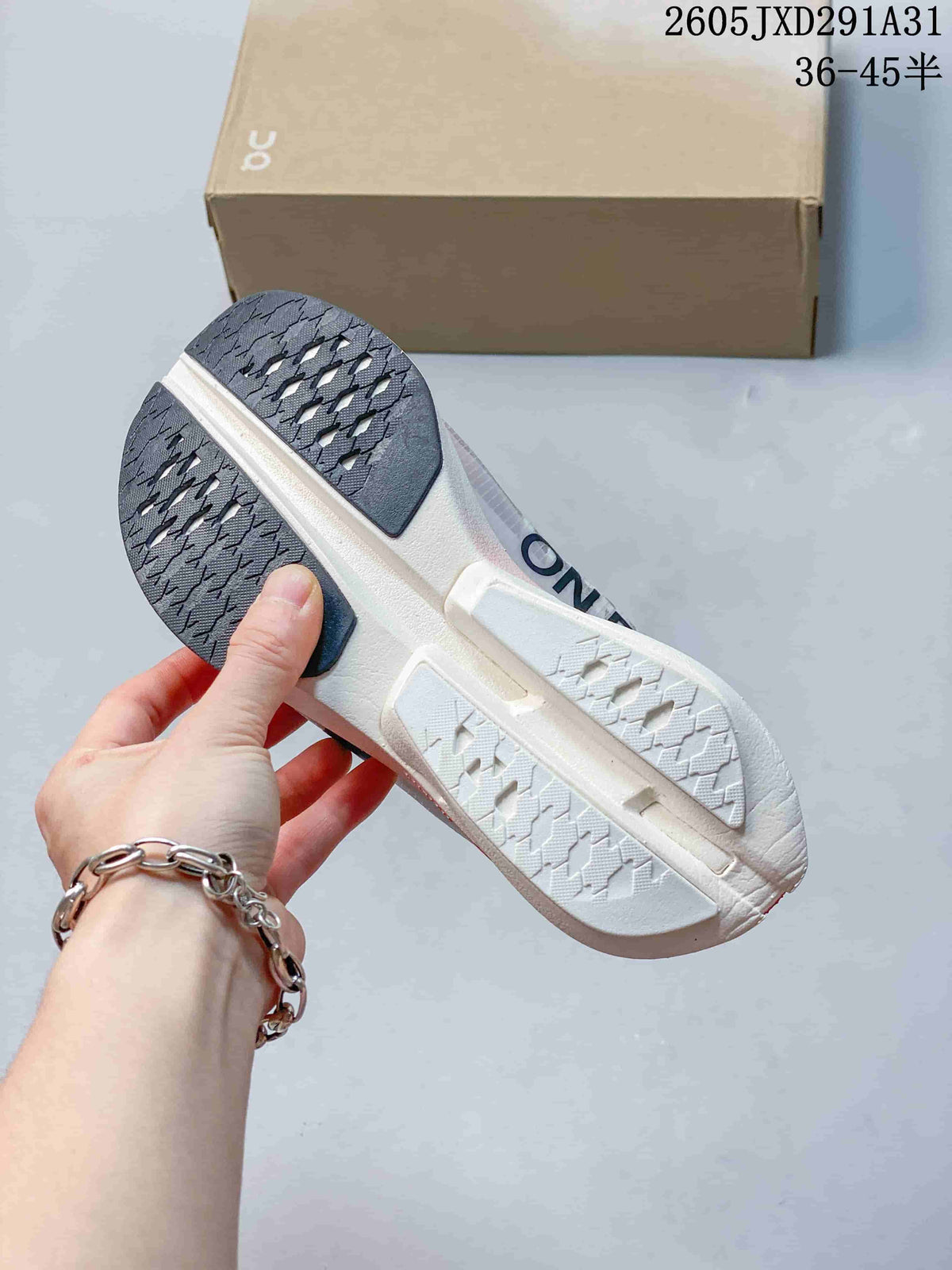 Underside of the On running shoe showing segmented outsole tread