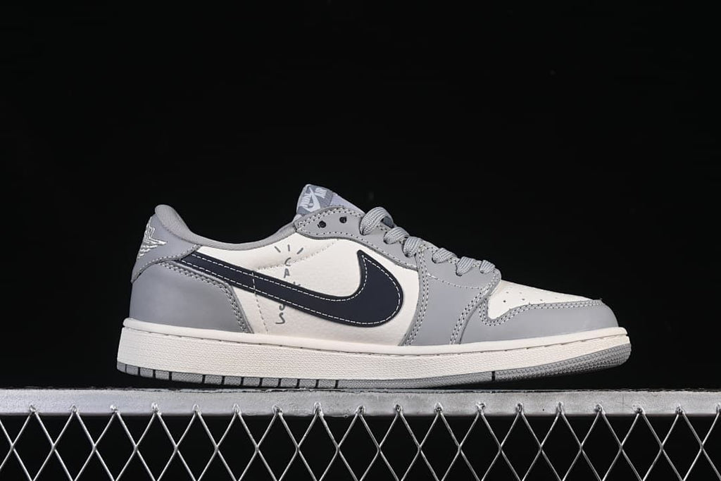 Side profile of a gray and off-white low-top sneaker with a dark navy Swoosh.