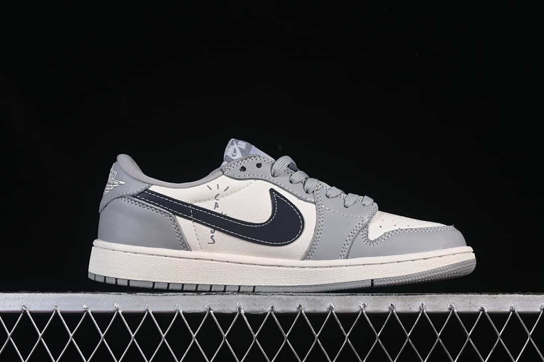 Side profile of a gray and off-white low-top sneaker with a dark navy Swoosh.