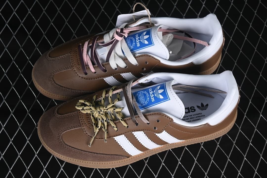 Pair of brown and white Samba OG sneakers shown with different lace styles.