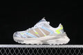 Side view of the adidas XLG Storm Edge sneaker in white, silver, taupe, blue, and neon yellow-green.
