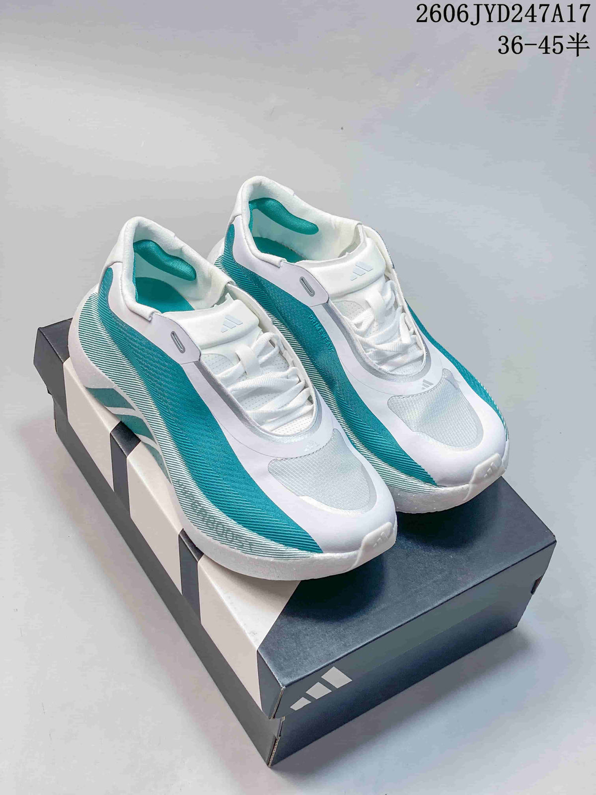 Pair of white and teal Adidas HYPERBOOST EDGE M sneakers displayed on a shoebox