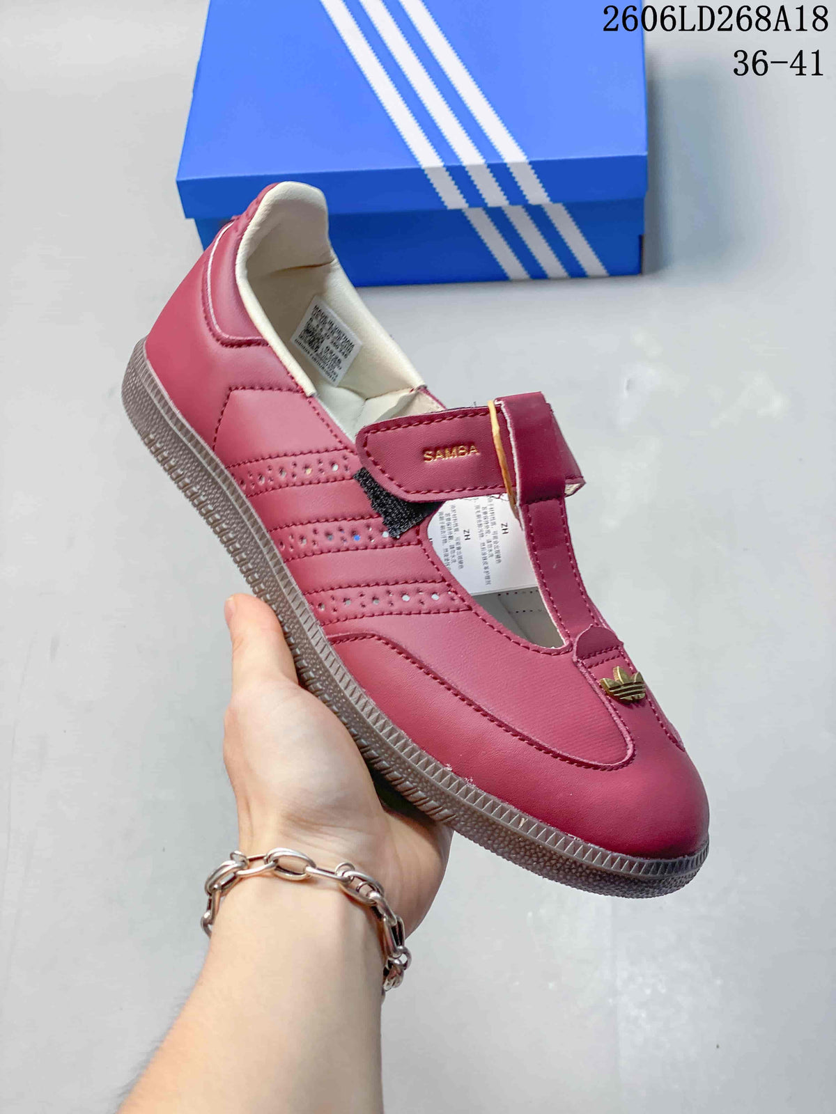 Pink Samba Jane sneaker with strap closure and gum-toned outsole