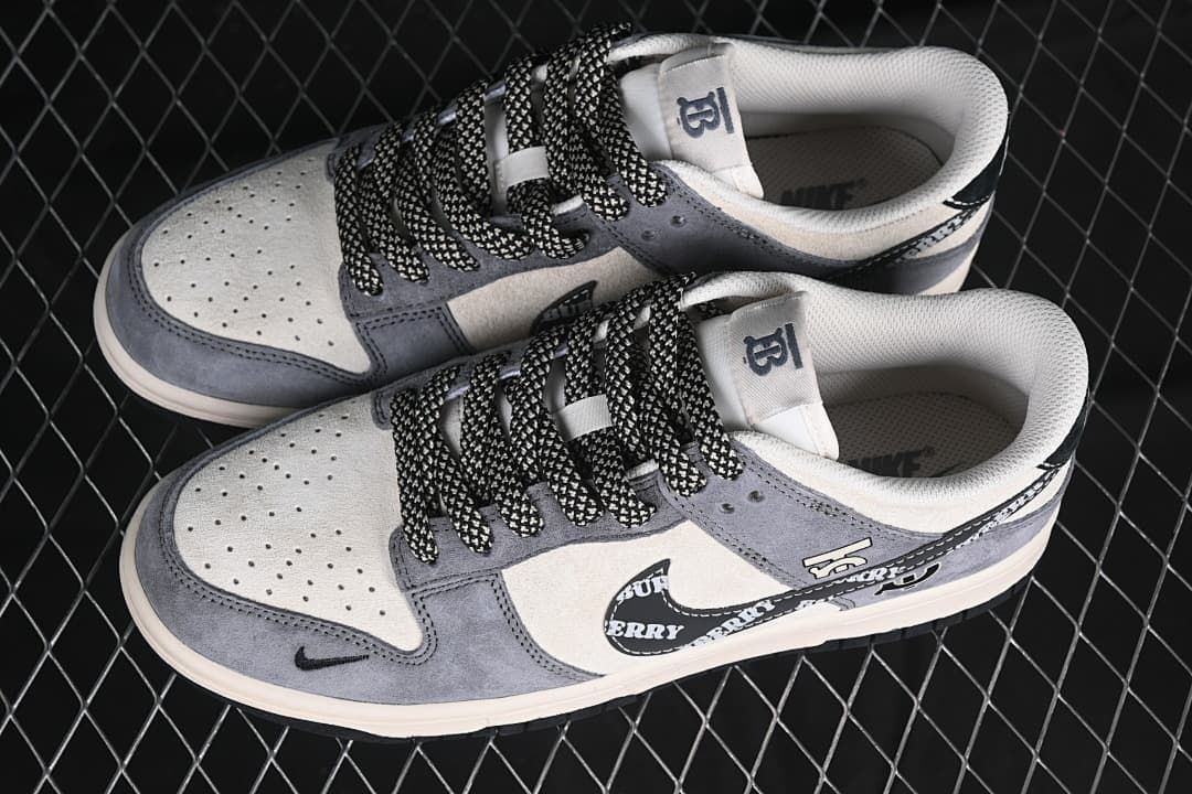 Pair of gray and cream sneakers shown from above at an angle