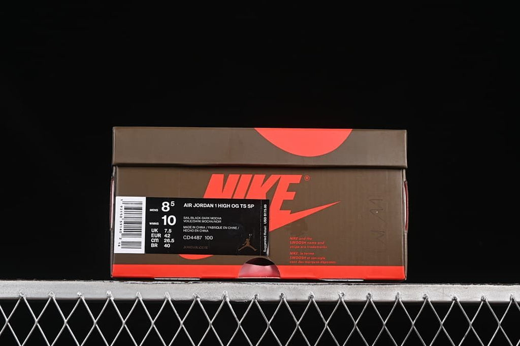 Shoebox label showing Air Jordan 1 High OG TS SP, color code CD4487-100, and a sample size