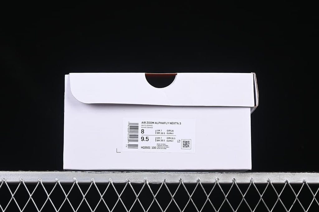 Shoe box label showing the Air Zoom Alphafly Next% 3 name and HQ3501-100 style code