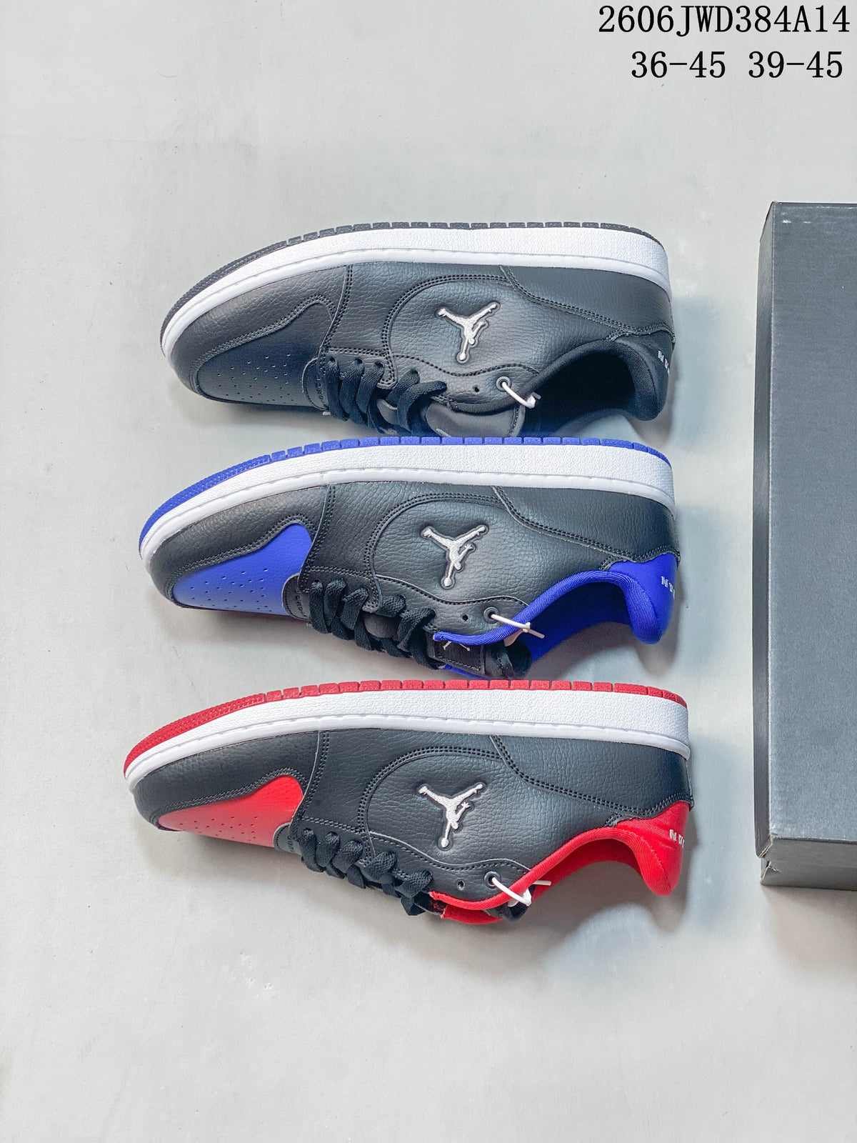 Jordan Court Connect low-tops displayed in grey, blue-accented, and red-accented colorways