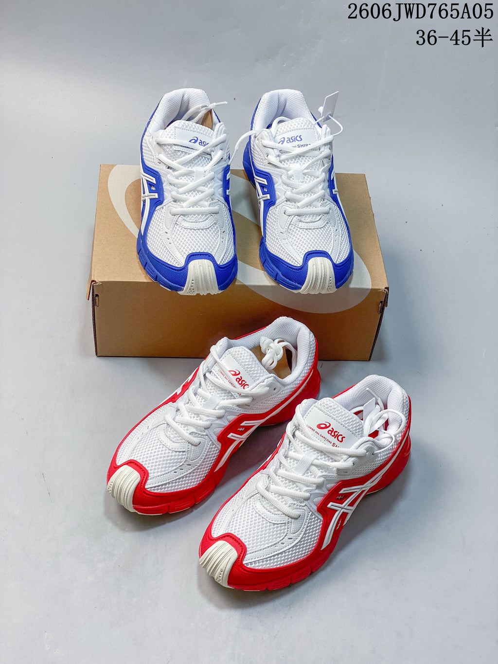 White ASICS Gel-TRUCK sneakers shown in blue and red colorways