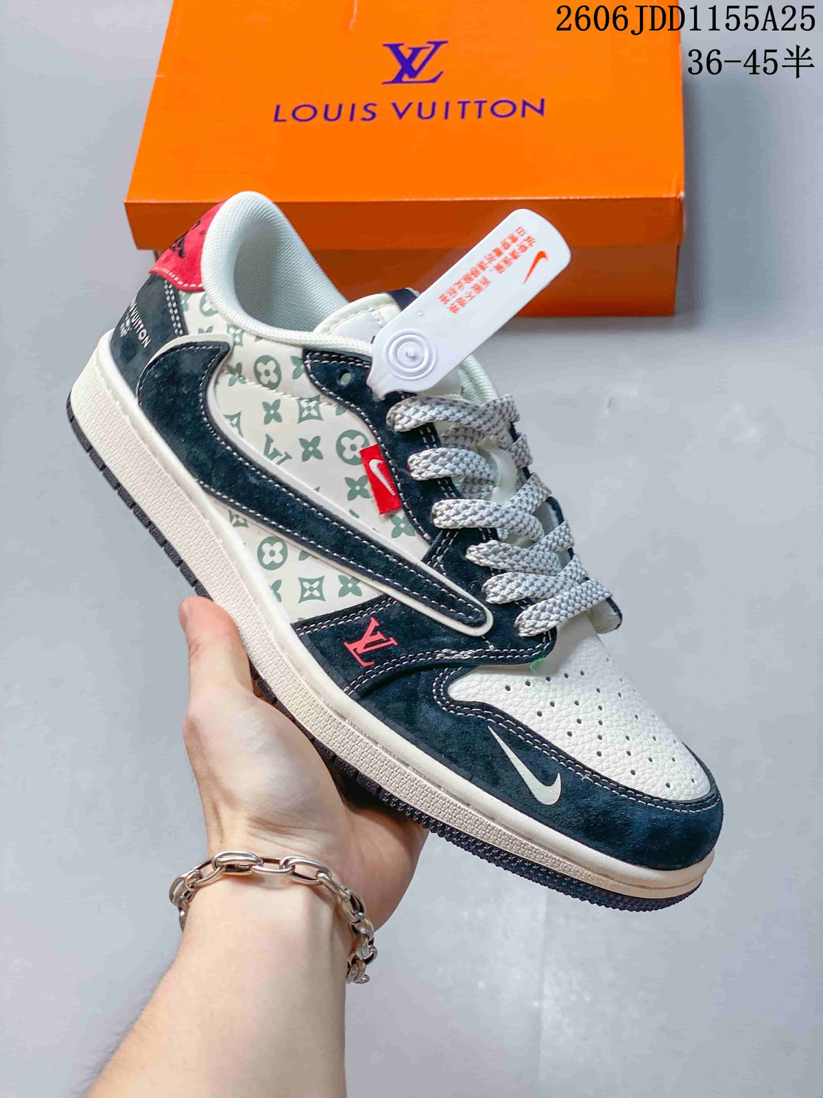 Close view of a white low-top sneaker with dark blue overlays, patterned side panels, and a contrasting red accent.
