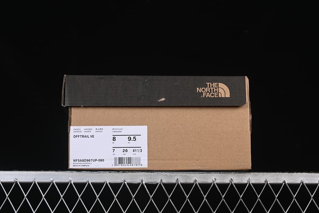 The North Face shoe box label showing model name, color, and one sample size
