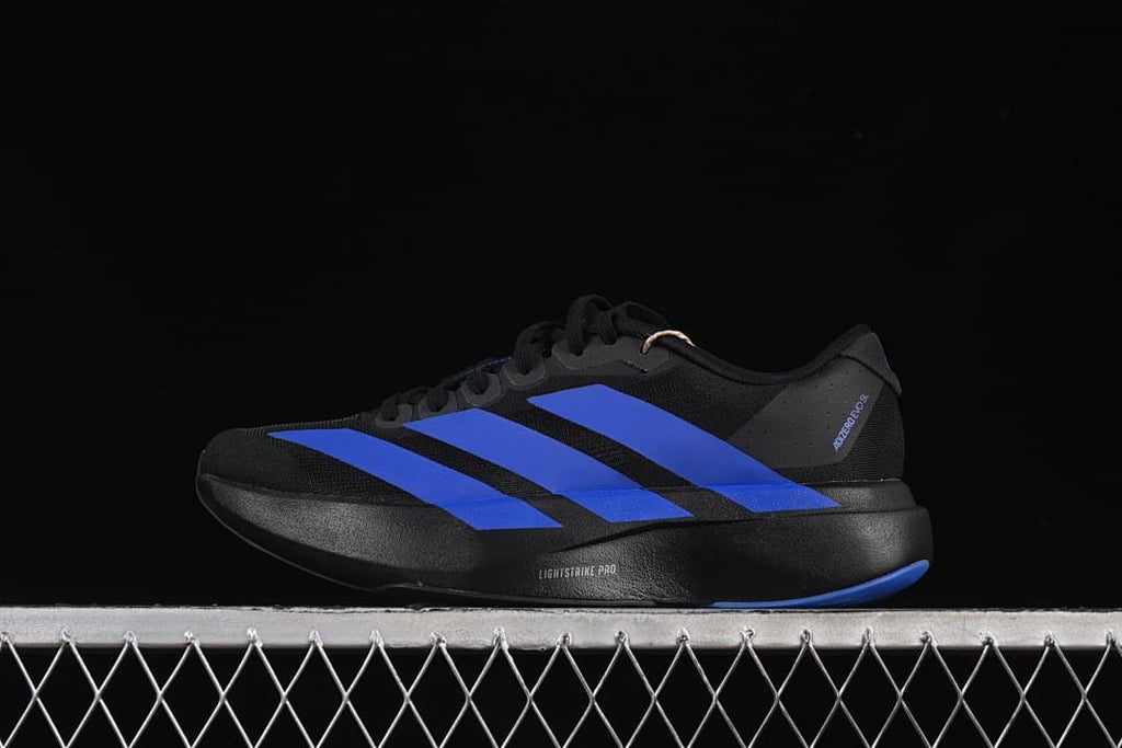 Side view of a black Adidas Adizero Evo SL shoe with blue stripes.