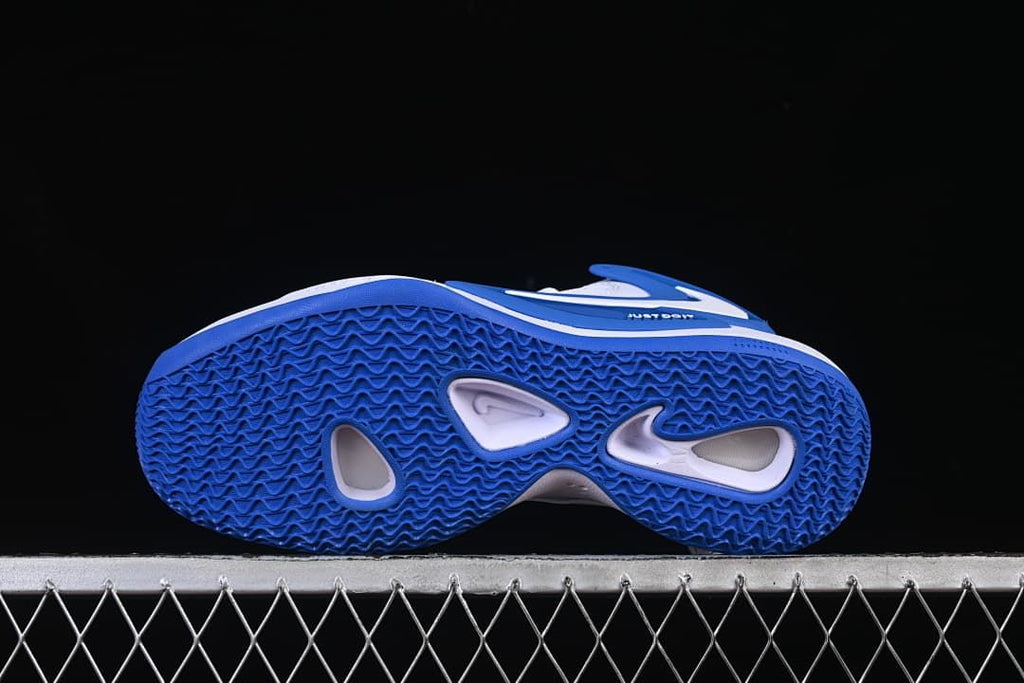 Underside view showing the blue patterned outsole