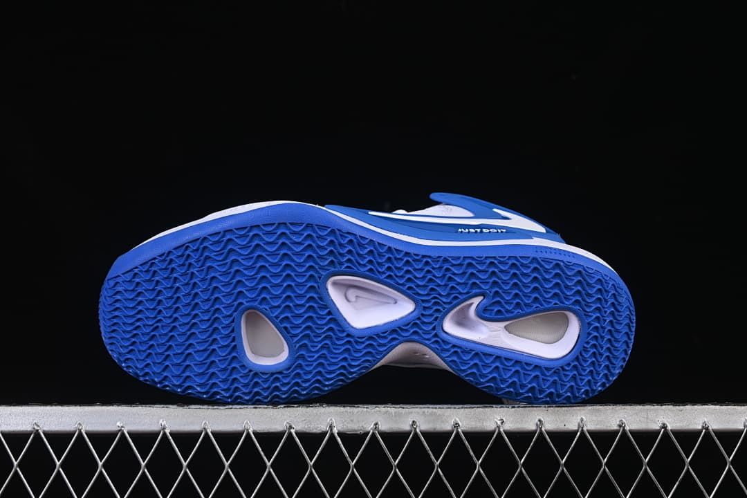Underside view showing the blue patterned outsole