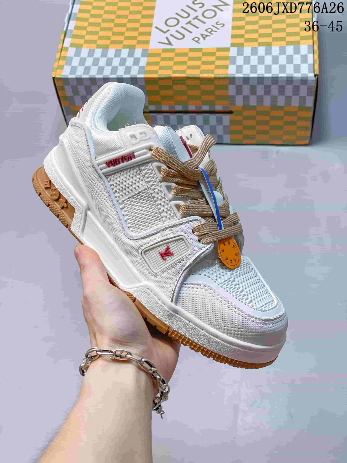 White Louis Vuitton Trainer Low sneaker with tan laces and gum-colored outsole accents