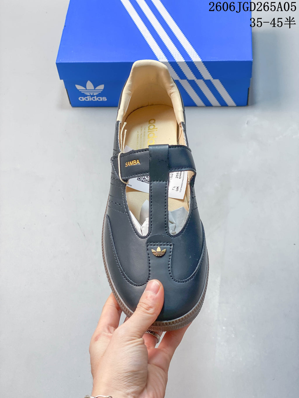 Top view of an adidas Samba Jane sneaker showing its T-strap closure