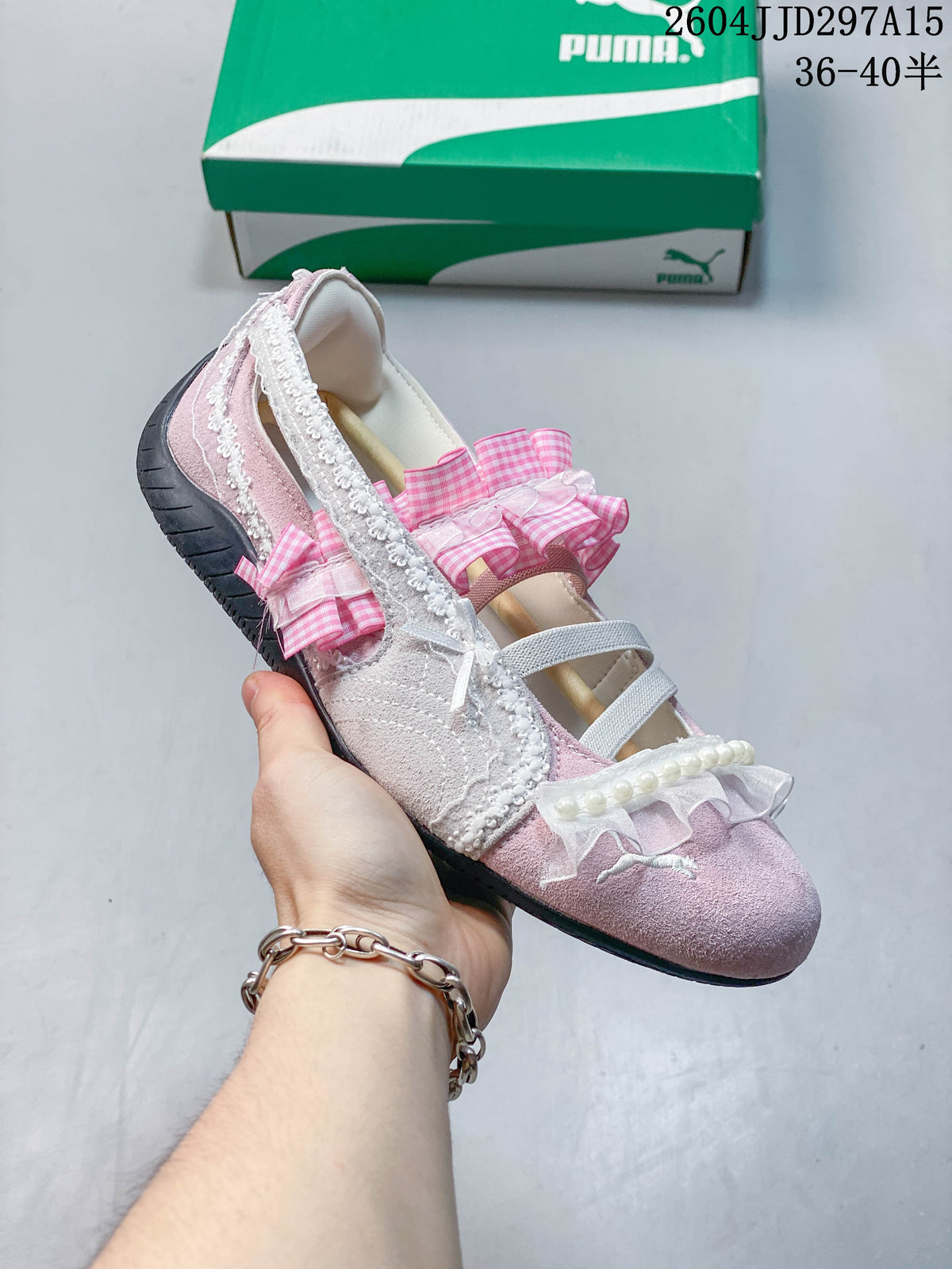 Side view of a pale pink and white sneaker with gingham ruffles