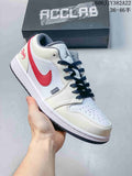 White low-top sneaker with a red Swoosh, red heel detail, and dark laces.