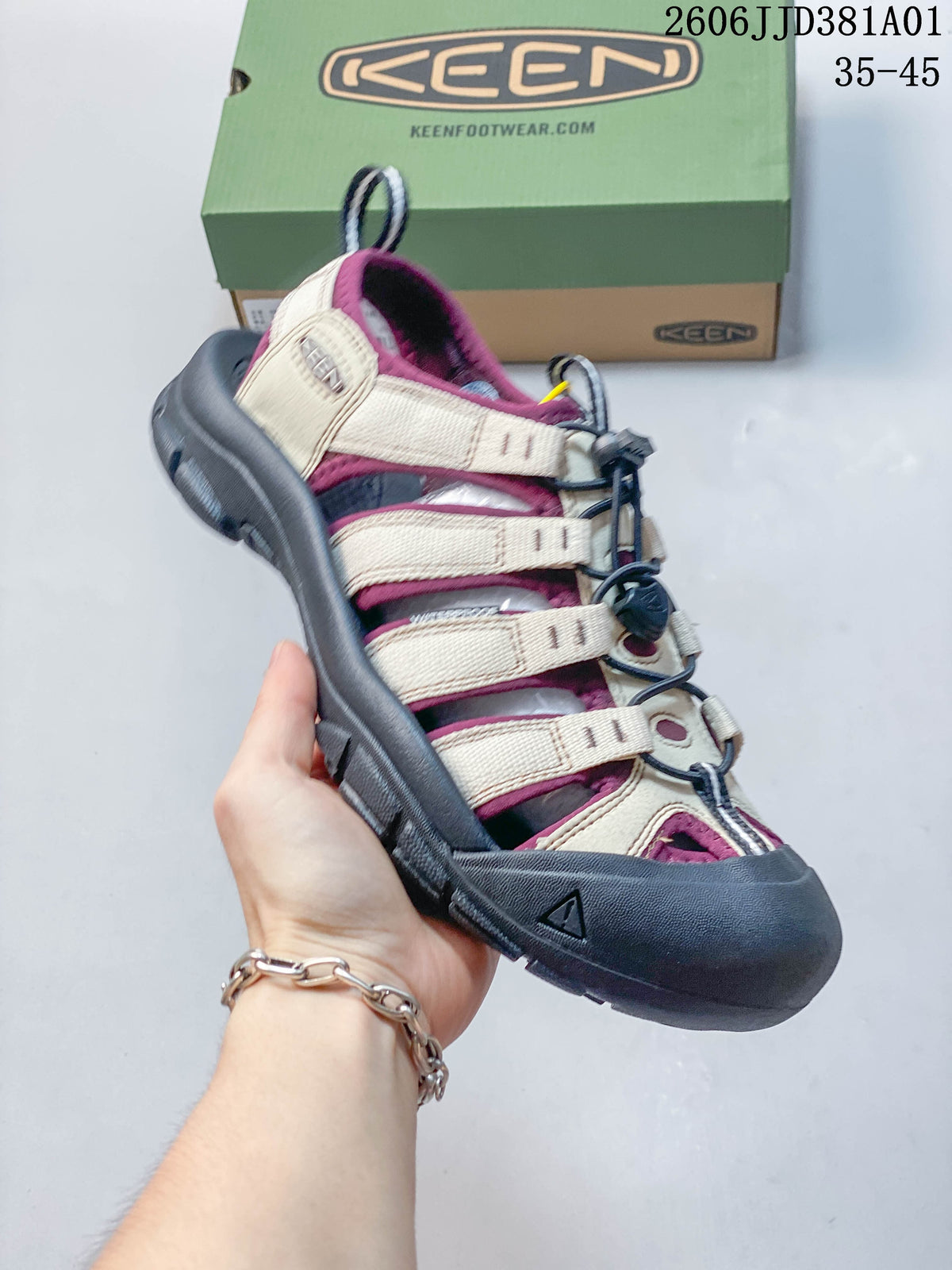 Angled side view of a KEEN Newport H2 sandal with adjustable beige straps and plum accents.