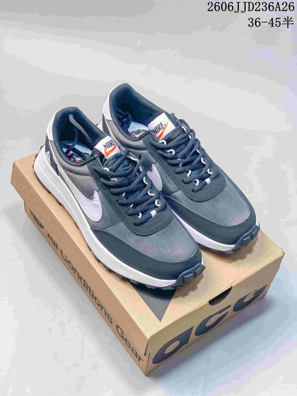 Three Nike ACG LDV colorways shown from the side: yellow and blue, white and dark, and charcoal and white.