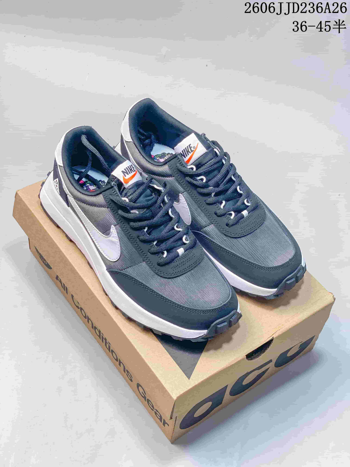 Three Nike ACG LDV colorways shown from the side: yellow and blue, white and dark, and charcoal and white.