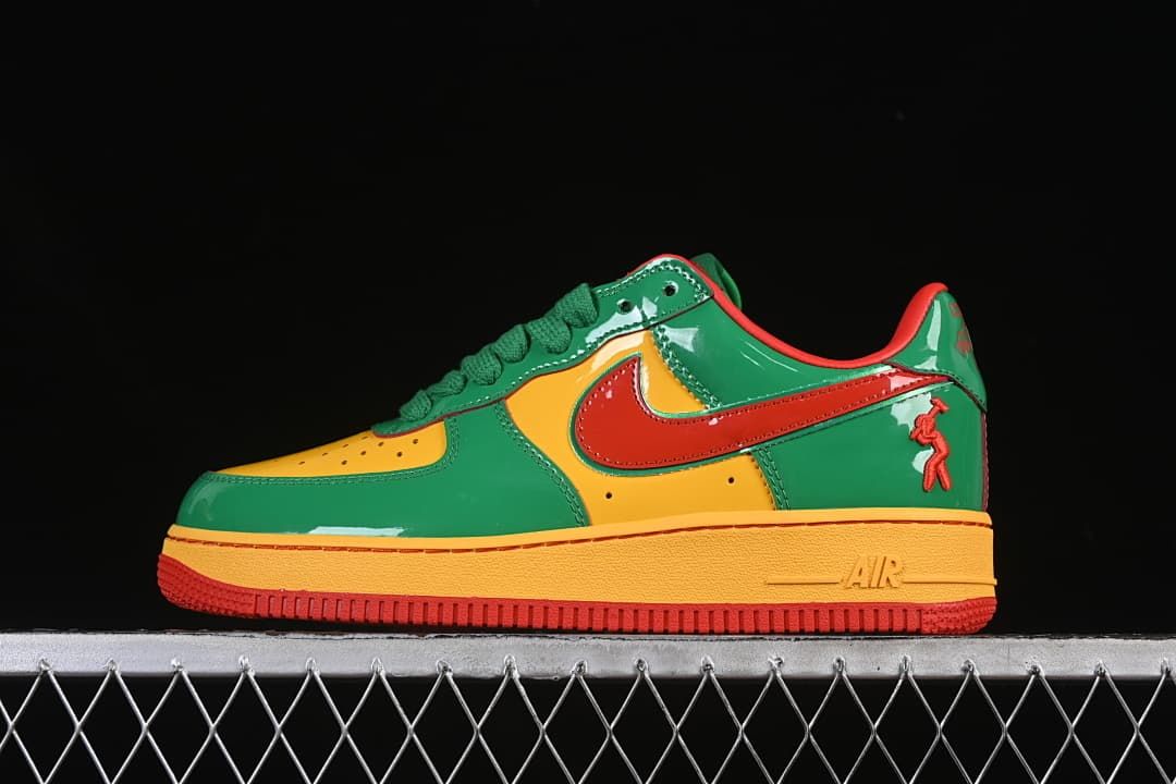 Side profile of a green, yellow, and red Nike Air Force 1 ’07 Low