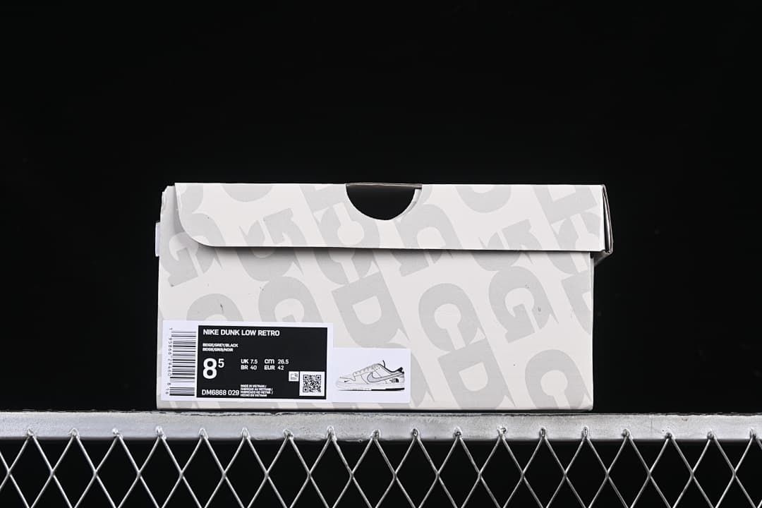 Sneaker box label displaying Nike Dunk Low Retro, size US 8.5, EU 42, and code DM6868-029