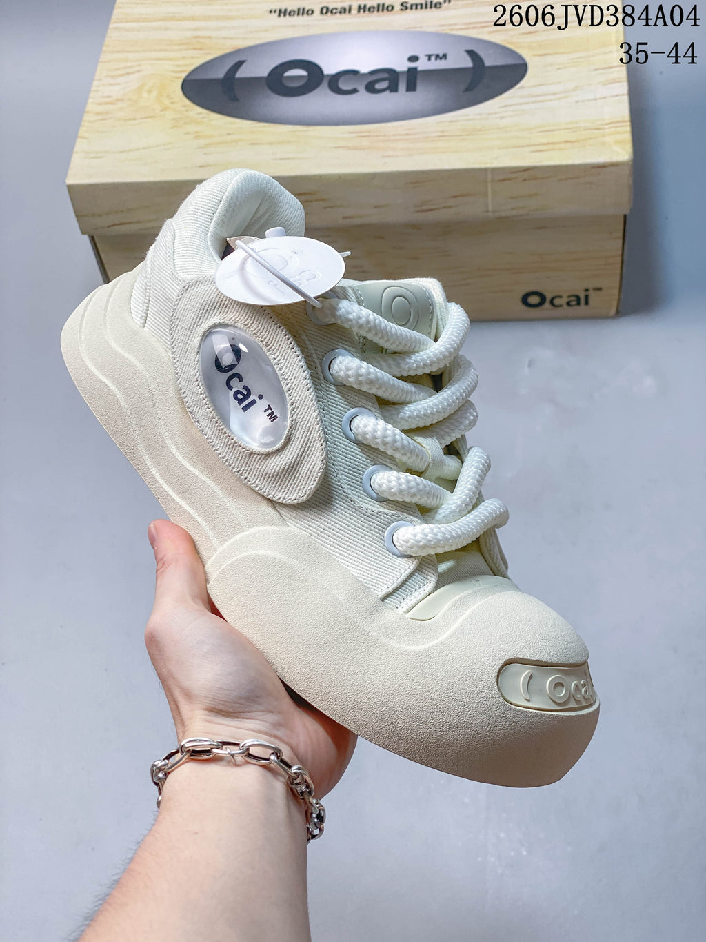 Close-up of an off-white Ocai sneaker with a thick sculpted sole