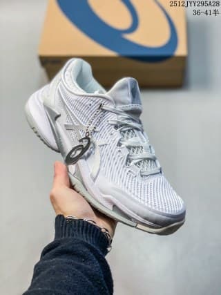 Three-quarter side view of a white and light gray ASICS SKY ELITE FF 3 sneaker with textured upper and lace-up closure.