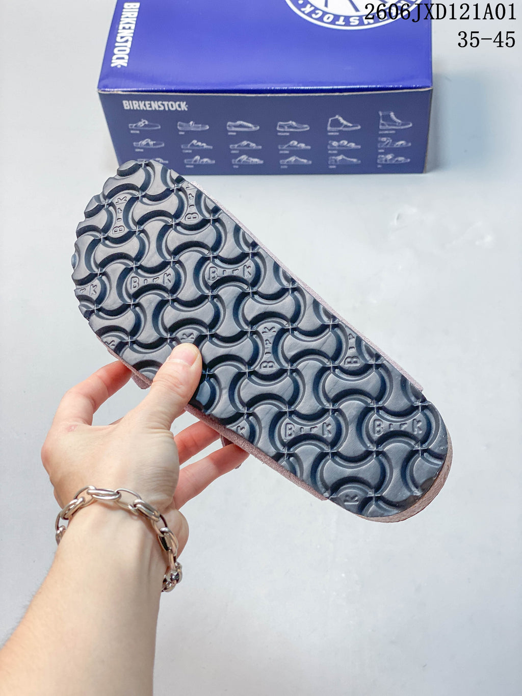 Close-up of the patterned tread on a mauve sandal sole