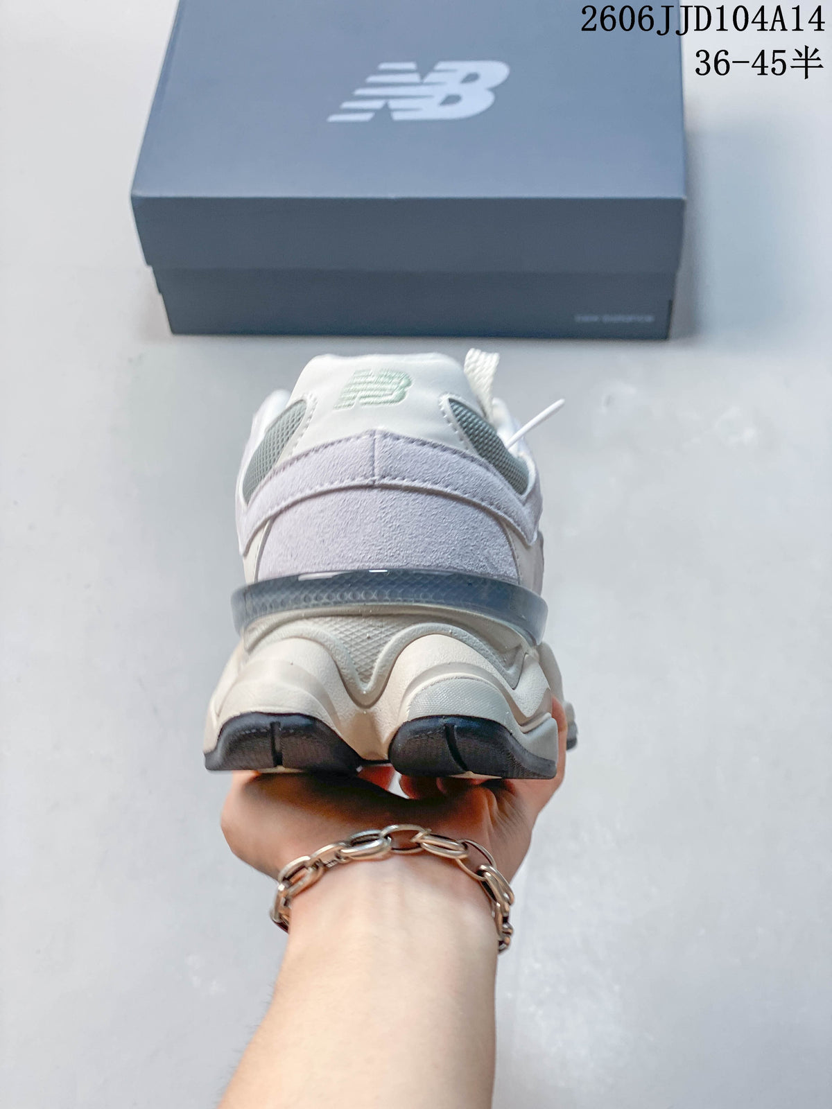 Rear view of the New Balance 9060 sneaker with sculpted heel and sole