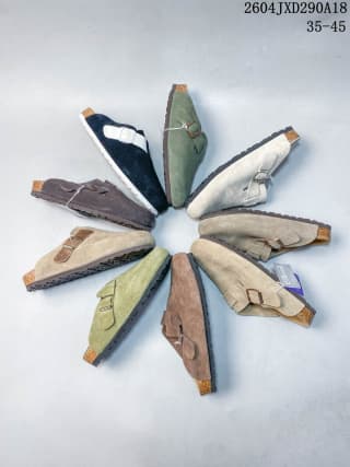 Several Boston-style clogs arranged in a circle, showing multiple suede colors and buckle finishes.