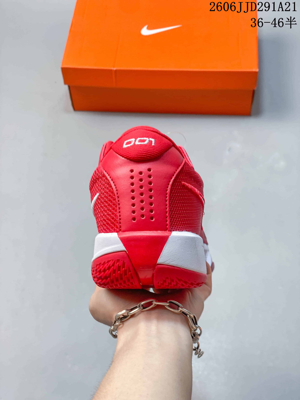 Rear view of the red basketball shoe with heel and outsole details.