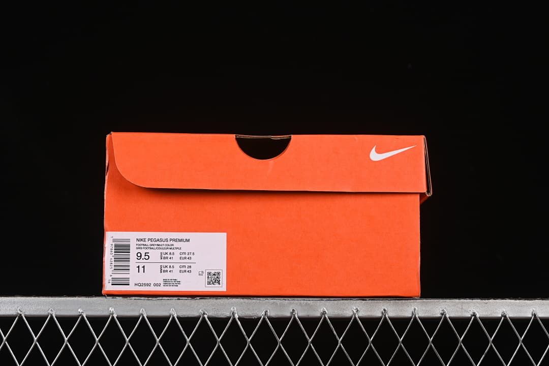 Orange shoe box label showing Nike Pegasus Premium and size information