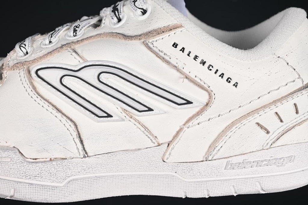 Close-up of the side motif, layered panels and Balenciaga branding