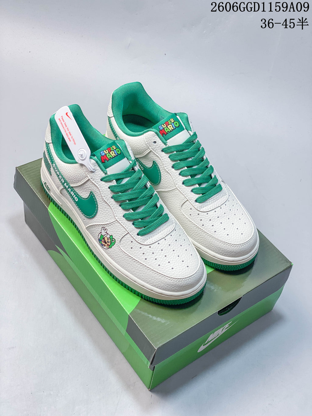 Pair of white and green low-top Air Force 1 sneakers with Super Mario details