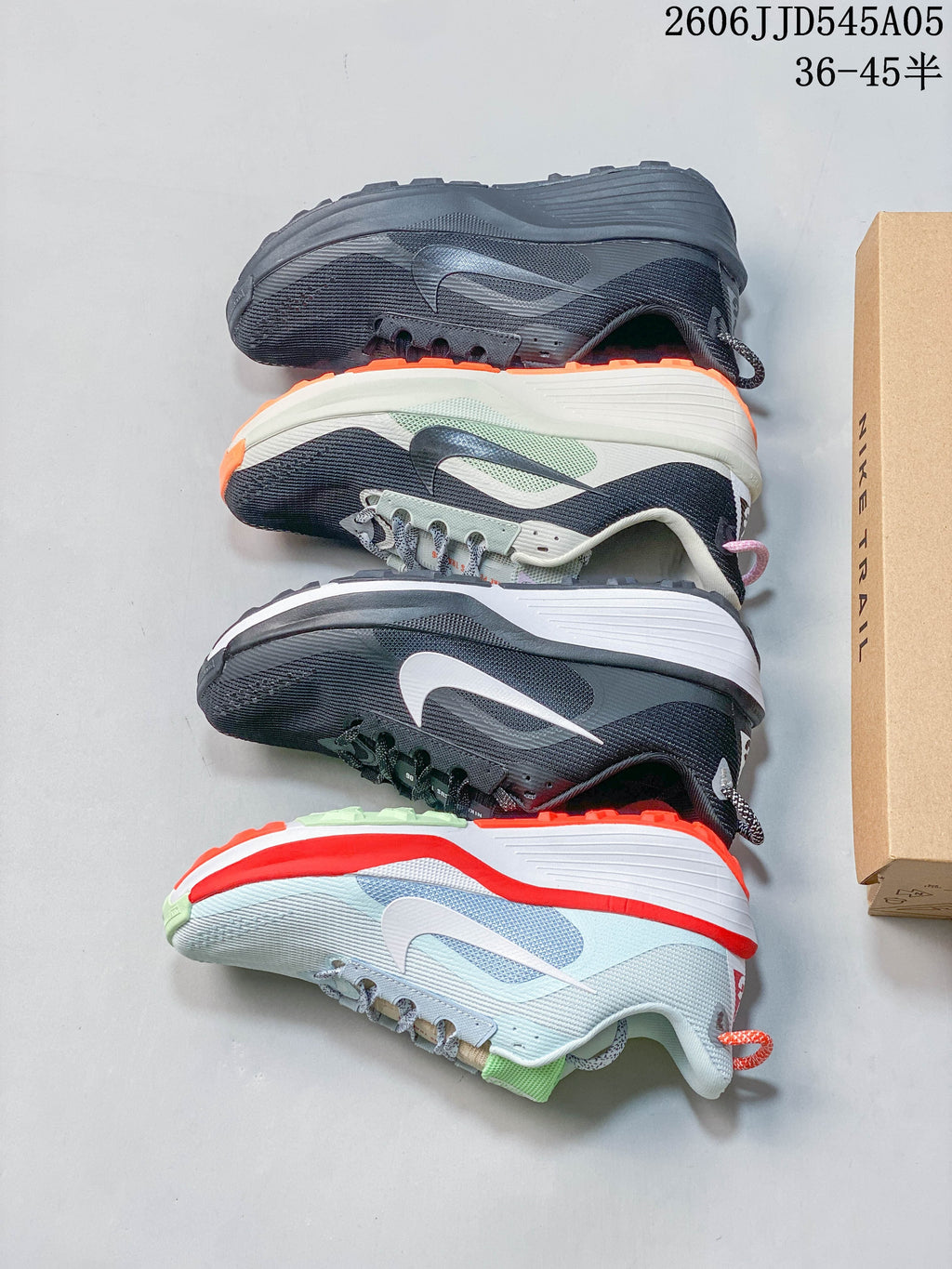 Three Nike Pegasus Trail 6 colorways shown from the side