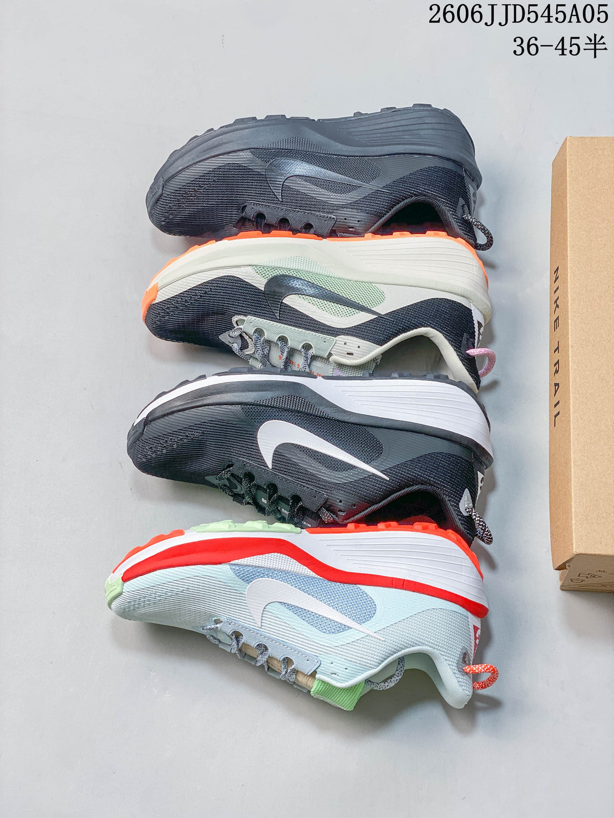 Three Nike Pegasus Trail 6 colorways shown from the side