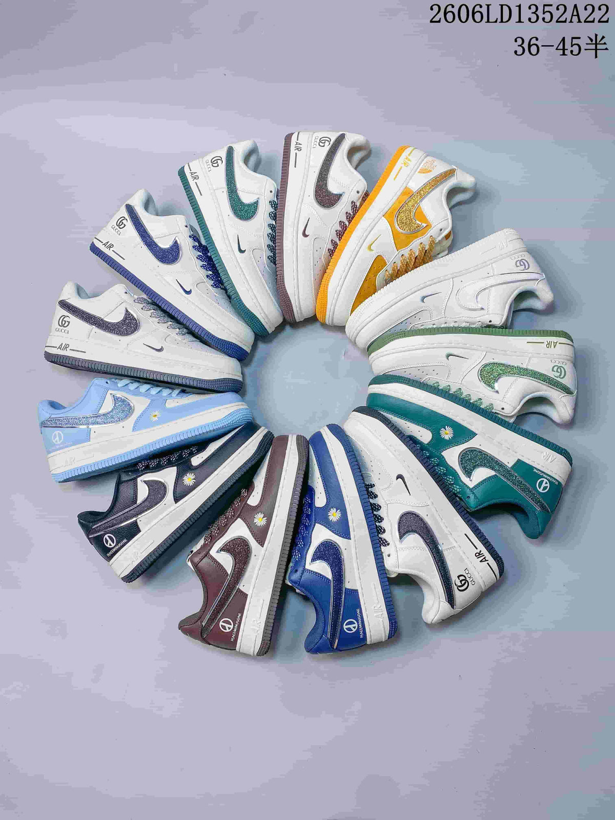 Assortment of white low-top sneakers in multiple colors, including blue, teal, green, mauve and yellow accents.