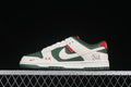 Side view of a green and sail low-top sneaker with red accents and illustrated side details