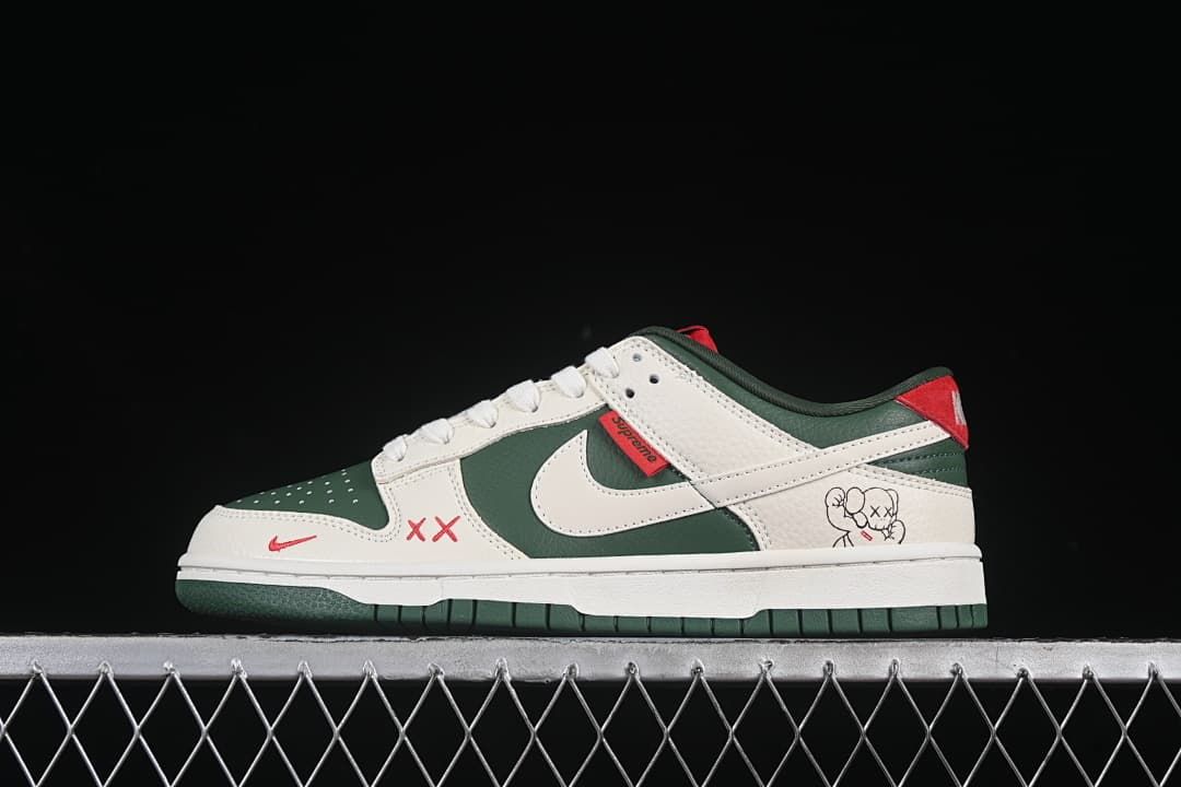 Side view of a green and sail low-top sneaker with red accents and illustrated side details