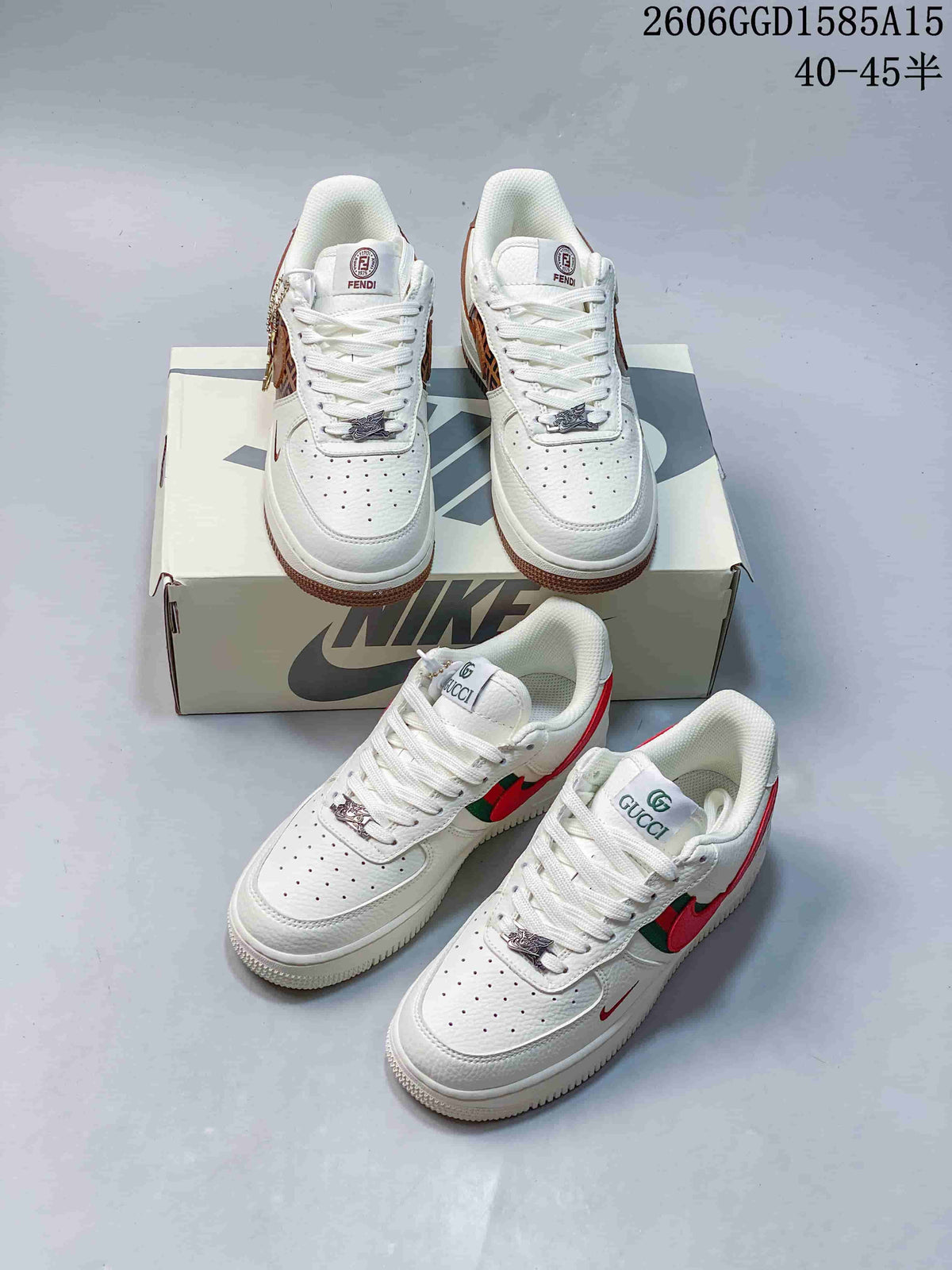 Two white low-top sneaker pairs shown in brown-patterned and red-and-green accent variations.