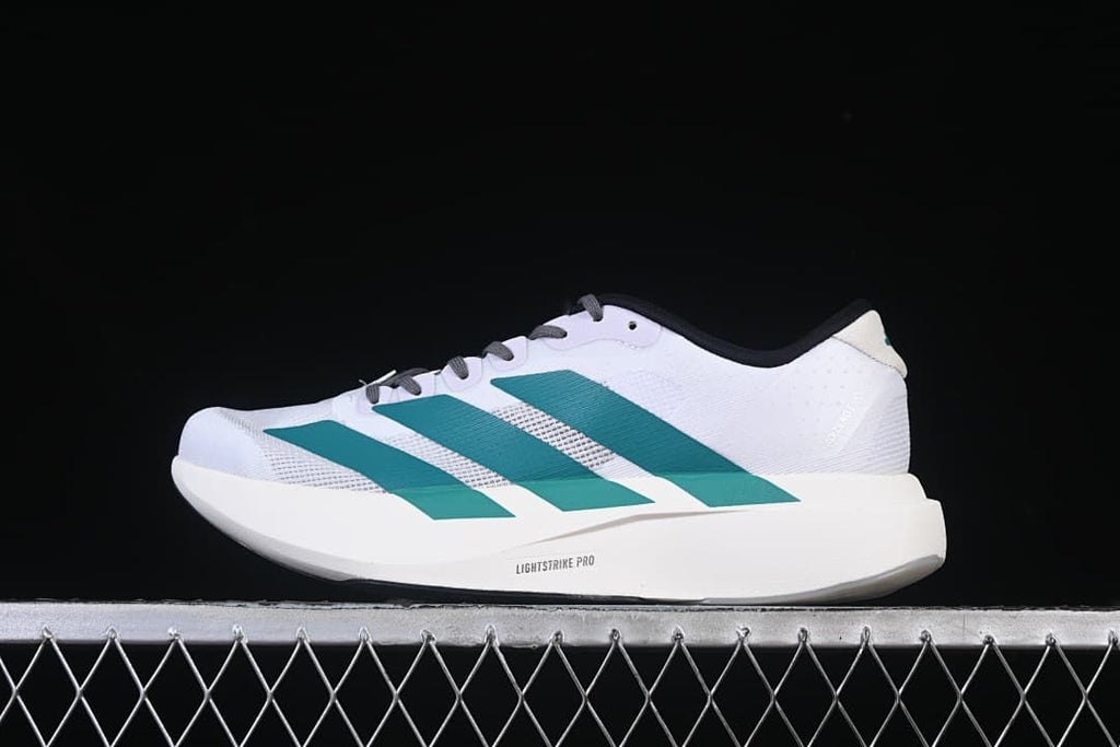 Side profile of the white and teal Adizero Evo SL running shoe.