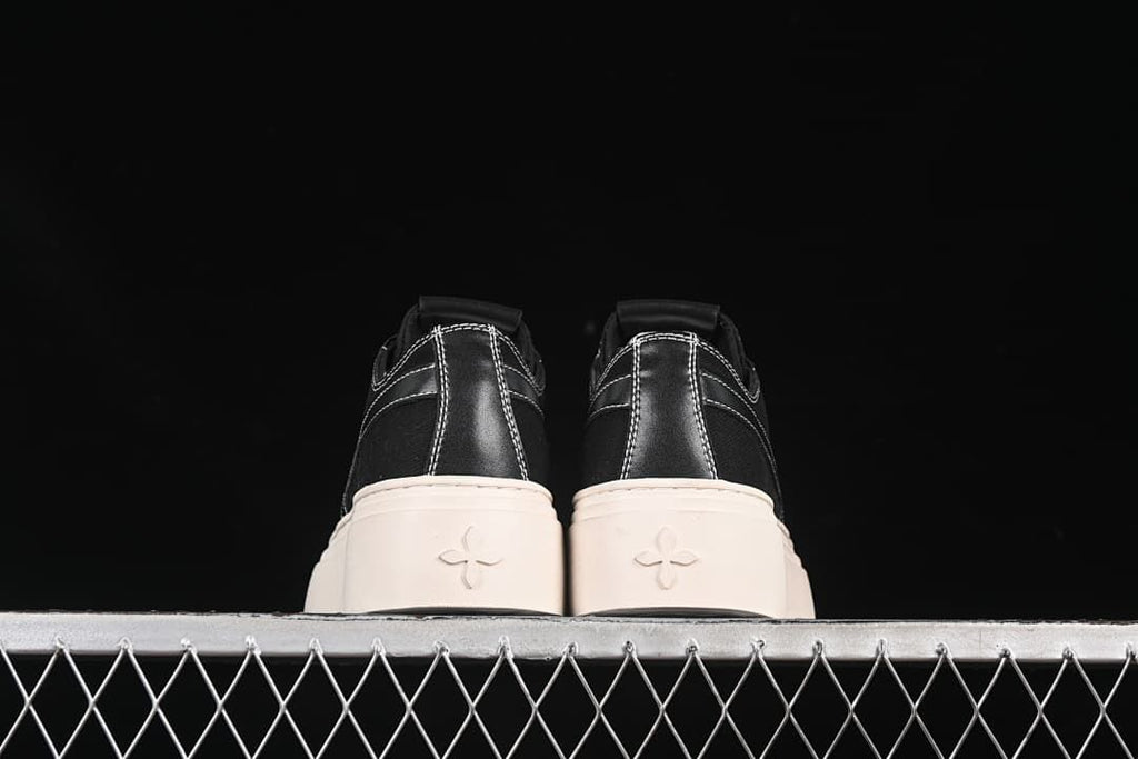 Rear view of the pair showing heel details and platform soles.