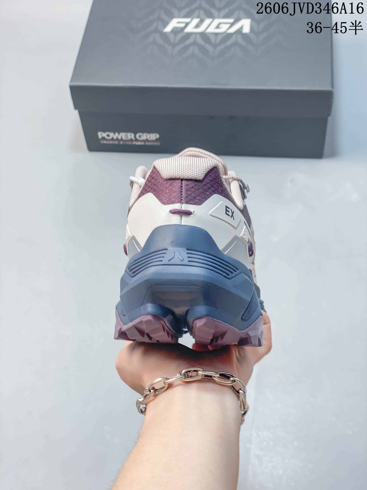 Rear view of the shoe showing the heel structure and blue and purple outsole.